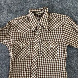 Bronco Western Shirt Mens Size 12 Brown Gingham Pearl Snap Long Sleeve Vintage